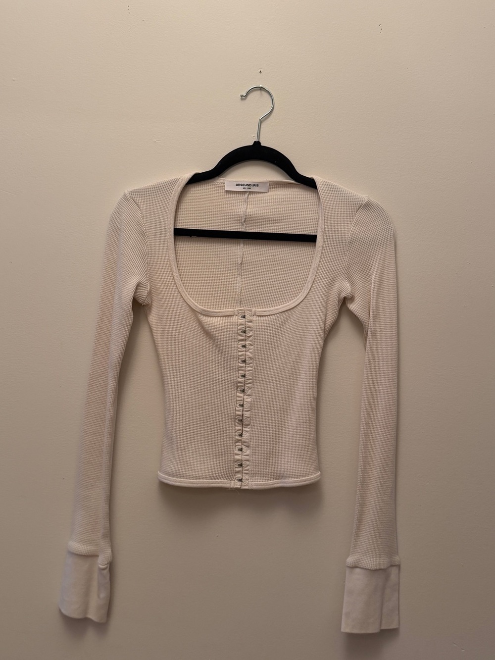 Orseund Iris Cream Ribbed Hook-Front Long Sleeve Top